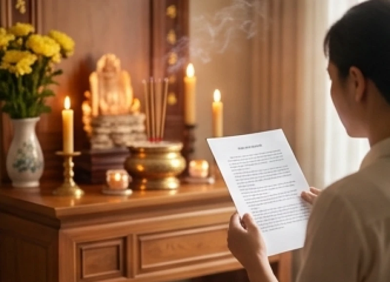 Tín chủ chắp tay đứng trước bàn thờ và thành kính đọc bài văn khấn liệt sĩ tại nhà được in sẵn