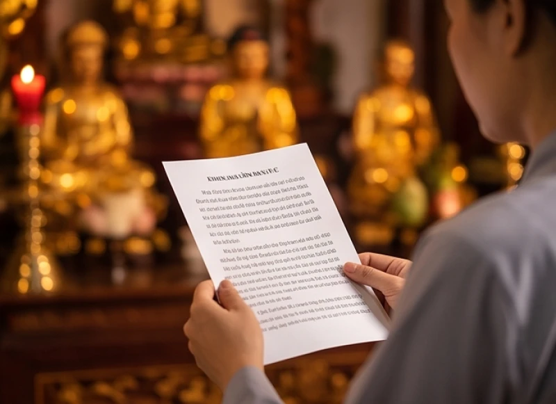 Người hành hương cầm trên tay tờ giấy in sẵn bài văn khấn để đọc rành mạch trước ban Tam Tòa Thánh Mẫu