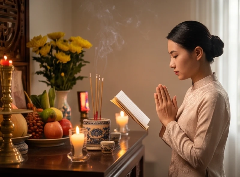 Gia chủ chắp tay thành tâm đọc văn khấn trước điện thờ Mẫu tại gia