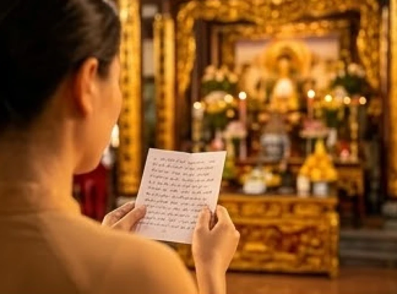 Tín chủ cầm tờ giấy ghi văn khấn Miếu Bà Chúa Xứ Núi Sam, thành tâm đọc trước ban thờ tĩnh lặng