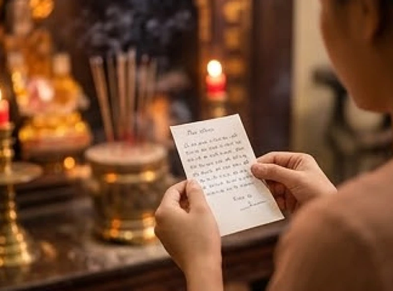 Văn khấn miếu Bà: Trình tự dâng lễ và bài cúng chuẩn 6 Người phụ nữ đứng chắp tay trang nghiêm, mắt nhắm hờ thành tâm đọc bài khấn trước ban thờ nữ thần
