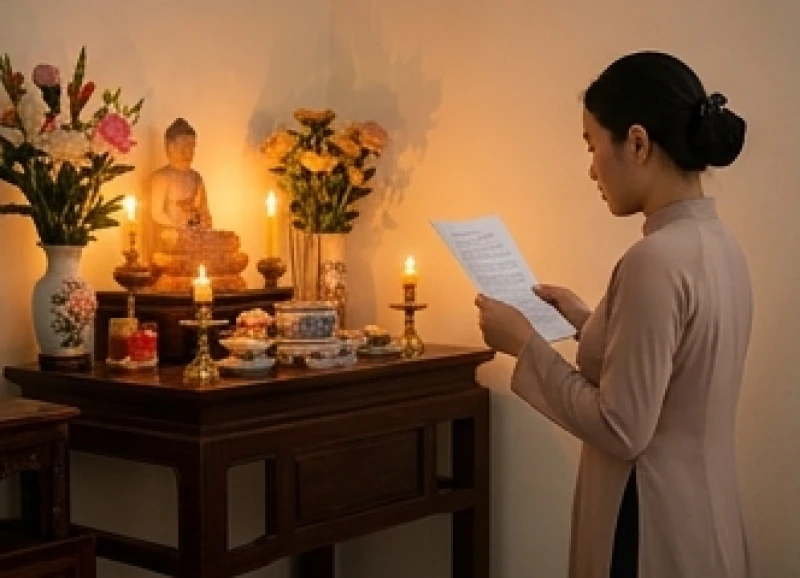 Văn khấn cầu an cho cha mẹ: Bài cúng chuẩn khi khỏe và lúc ốm 9 Tín chủ cầm tờ văn khấn cầu an thành kính đọc dõng dạc trước ban thờ trong ngày mùng 1 âm lịch