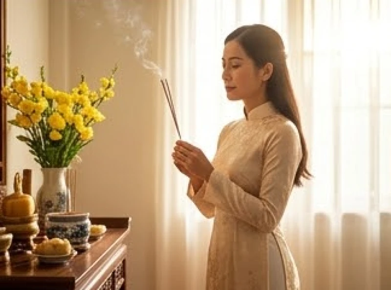 Người phụ nữ thắp hương và thành tâm đọc văn khấn đầu năm cầu bình an cho gia đạo