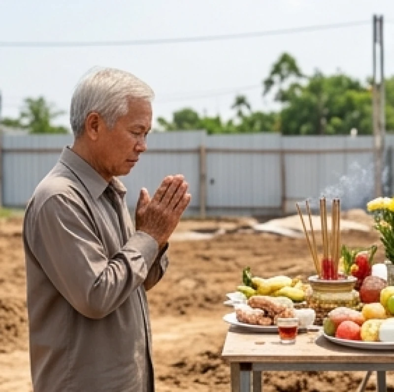 Văn khấn mượn tuổi làm nhà: Trình tự bài bản và mẫu giấy tờ 8 Người đàn ông chắp tay đọc bài văn khấn mượn tuổi làm nhà trước mâm lễ cúng thần linh Thổ Địa