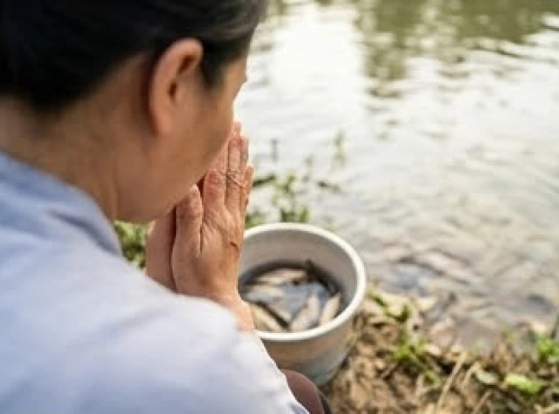 Văn khấn thả cá phóng sinh: Bài cúng chuẩn từng dịp và cách thả 5 Một người nhắm hờ mắt cầu nguyện bên cạnh những chú cá nhỏ sắp được tự do
