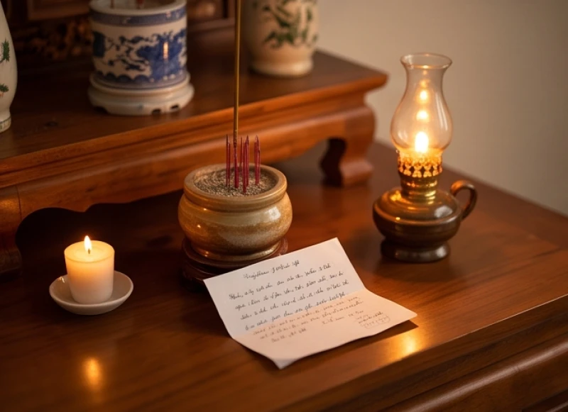 Tờ giấy ghi chép bài văn khấn và Pháp danh được đặt ngay ngắn cạnh bát hương đèn cầy đang cháy sáng