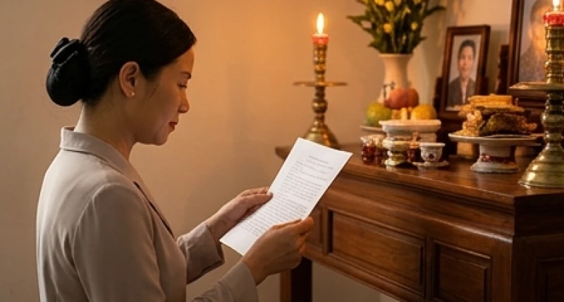 Văn khấn ngày giỗ chị gái: Mẫu điền sẵn chuẩn xưng hô 6 Người phụ nữ mặc trang phục lịch sự đang cầm giấy đọc văn khấn ngày giỗ trước bàn thờ