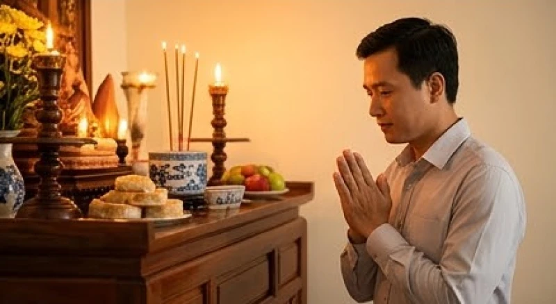 Văn khấn ngày mùng 5 tháng 5: Trình tự bài cúng đúng nghi thức 6 Người đàn ông mặc áo sơ mi chỉnh tề đứng chắp tay đọc bài văn khấn trước bàn thờ gia tiên