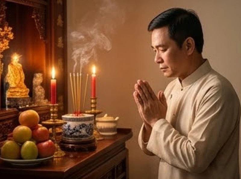 Người đàn ông mặc trang phục lịch sự chắp tay đọc văn khấn đầu năm trước ban thờ