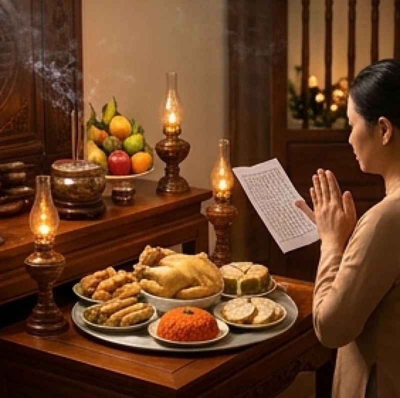 Văn khấn ngày trước giỗ: Bài cúng Tiên thường & quy tắc bày mâm 8 Gia chủ thành tâm khấn vái trước mâm cỗ mặn, đọc rõ tên tuổi và vai vế của người đã khuất để thỉnh mời về hâm hưởng.