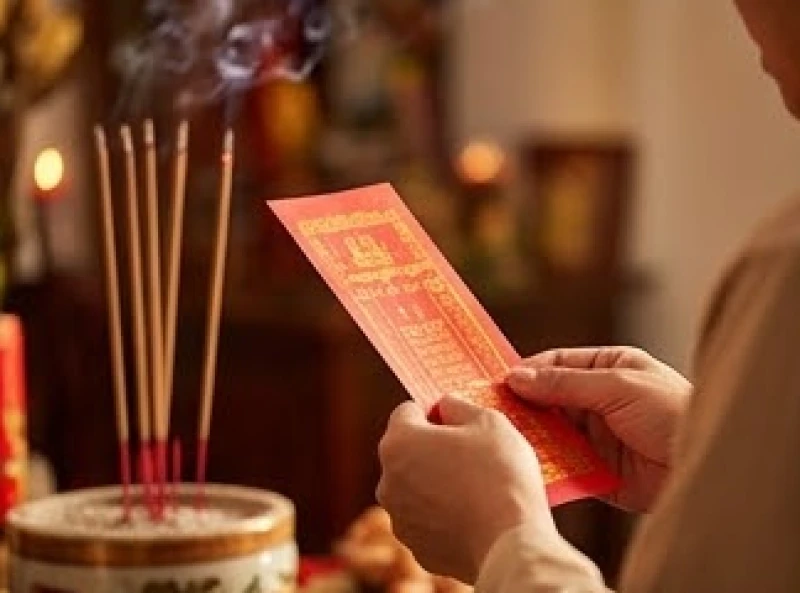 Văn khấn ngày vía Thần Tài: Bài cúng chuẩn cho mọi mô hình 6 Đôi bàn tay chắp lại cầm tờ giấy đỏ ghi bài khấn trước những nén nhang đang cháy