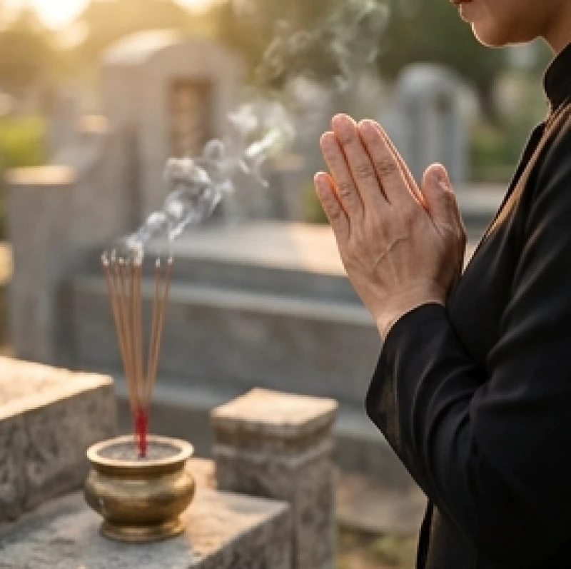 Văn khấn 100 ngày ngoài mộ: Bài cúng chuẩn và sắm lễ bài bản 6 Người đàn ông chắp tay cung kính đọc văn khấn 100 ngày ngoài mộ trước mâm lễ đang nghi ngút khói nhang