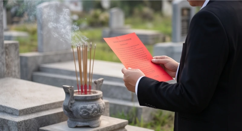 Văn khấn tạ long mạch ngoài mộ: Bài cúng chuẩn và lưu ý kiêng kỵ 6 Gia chủ cầm tờ giấy đỏ đọc rõ ràng bài văn khấn tạ long mạch ngoài mộ giữa không gian tĩnh lặng