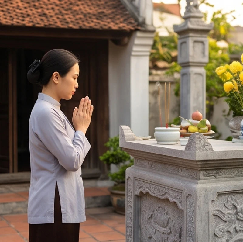 Tín chủ chắp tay thành kính đứng nghiêng mình đọc văn khấn trước bàn thờ Thiên nghi ngút khói hương