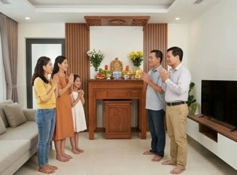 Gia chủ chắp tay báo cáo hoàn tất việc mua nhà và thỉnh cầu thần linh ban phước lành cho gia đạo