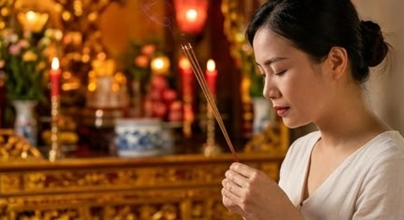 Văn khấn nhận con nuôi tại chùa: Cách sắm lễ và viết sớ chuẩn 7 Người mẹ chắp tay thành kính thầm đọc bài văn khấn nhận con nuôi tại chùa trước ánh nến lung linh.