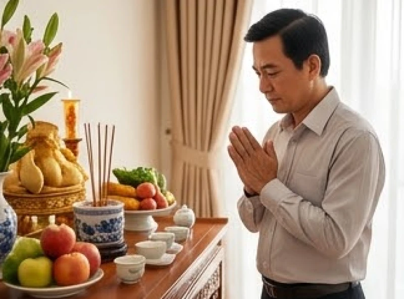 Người đàn ông mặc trang phục chỉnh tề đang chắp tay thành kính đọc bài văn khấn nhập trạch trước mâm lễ