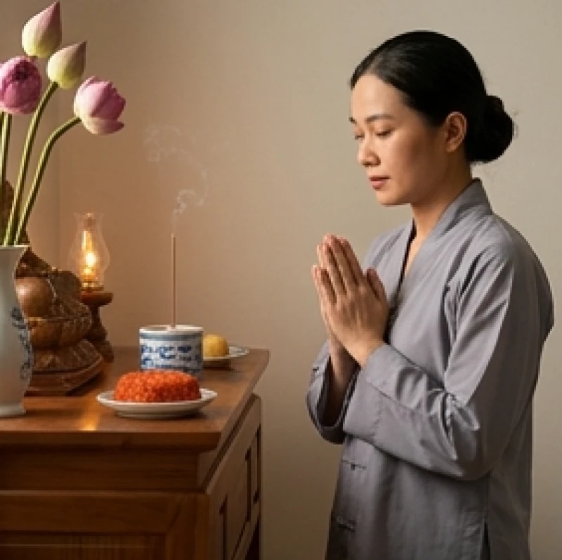 Nữ gia chủ mặc áo tràng lam giản dị đang thành tâm chắp tay đọc lời khấn nguyện trước tôn tượng chư Phật