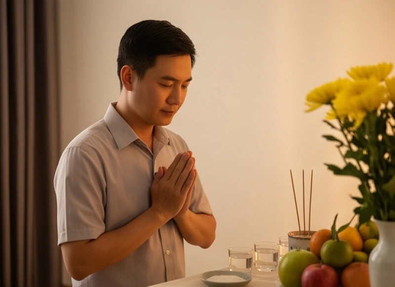 Gia chủ thành kính chắp tay đọc bài văn khấn phóng sinh chung cho các sinh vật với thái độ trang nghiêm