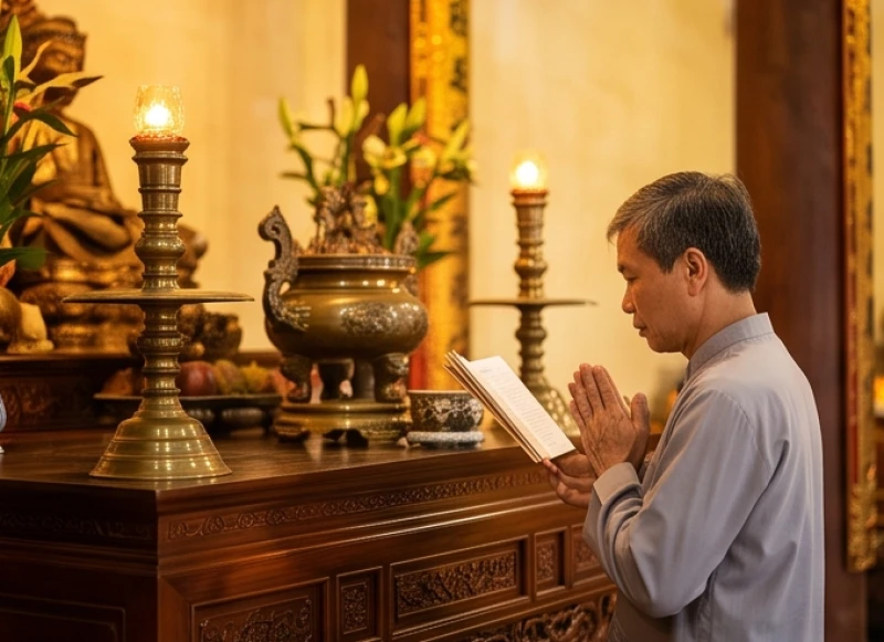 Tín chủ chắp tay thành tâm nhẩm đọc bài văn khấn xin tài lộc công danh trước án thờ Quan Lớn Đệ Tam