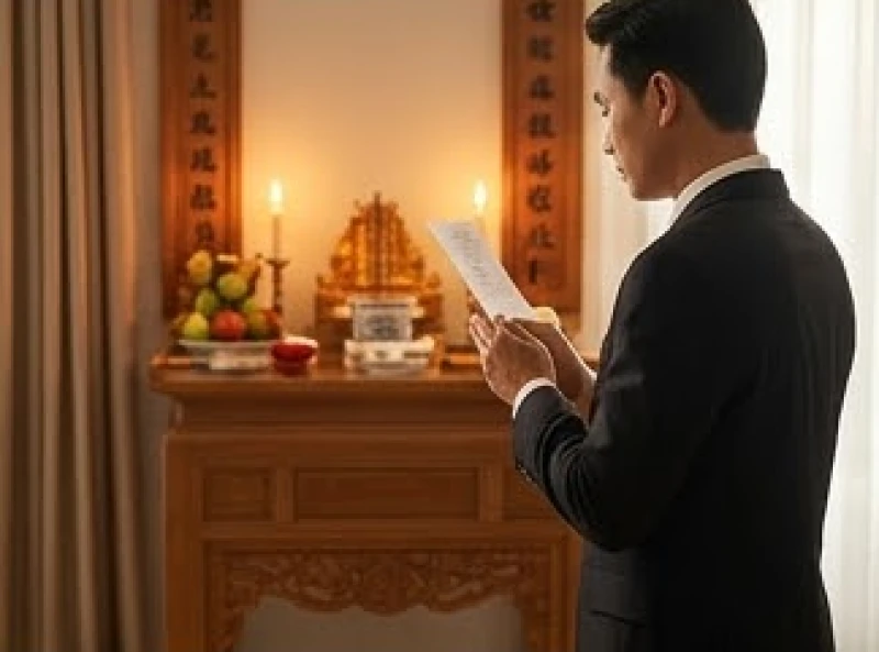 Gia chủ cầm bản văn khấn rằm tháng Giêng gia tiên, chắp tay thành tâm đứng trước hương án