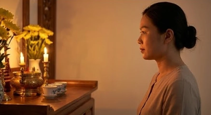 Tín chủ đọc văn khấn cầu mong gia đạo bình an với tư thế chắp tay trang nghiêm