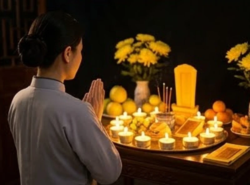 Gia chủ chắp tay nghiêm trang đứng trước mâm cúng rực sáng ánh nến và thành tâm đọc bài văn khấn.