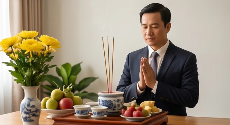 Gia chủ ăn mặc chỉnh tề, chắp tay thành tâm đứng trước mâm lễ đọc bài văn khấn tạ đất khi bán nhà