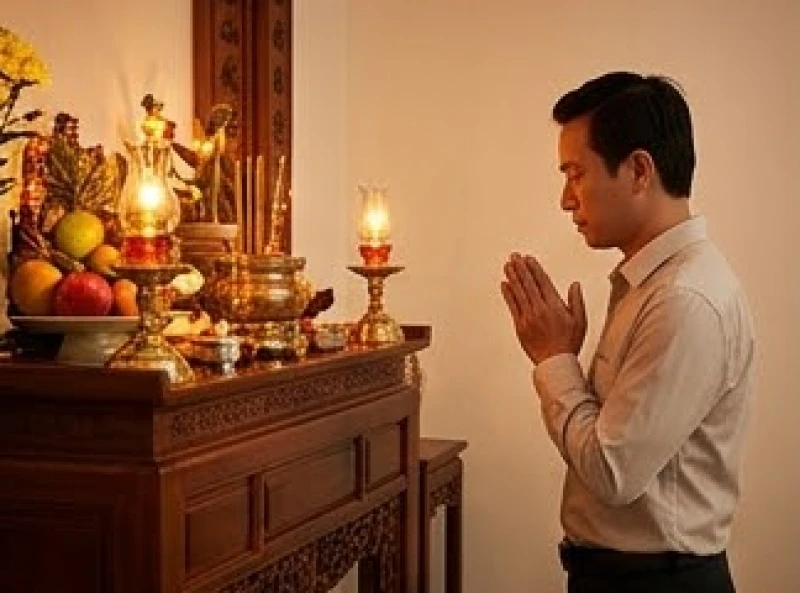 Người đàn ông đứng chắp tay trang nghiêm đọc văn khấn trước bàn thờ gia tiên