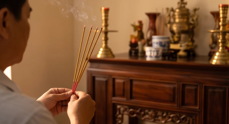 Gia chủ chắp tay thành kính đọc đoạn văn khấn hóa vàng mùng 5 Tết trước ban thờ gia tiên