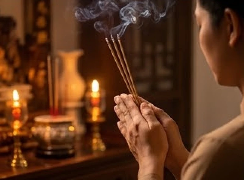 Gia chủ chắp tay nhắm mắt thành tâm nhẩm đọc văn khấn tạ lễ Bà Bổn Mạng để báo cáo nguyện ước