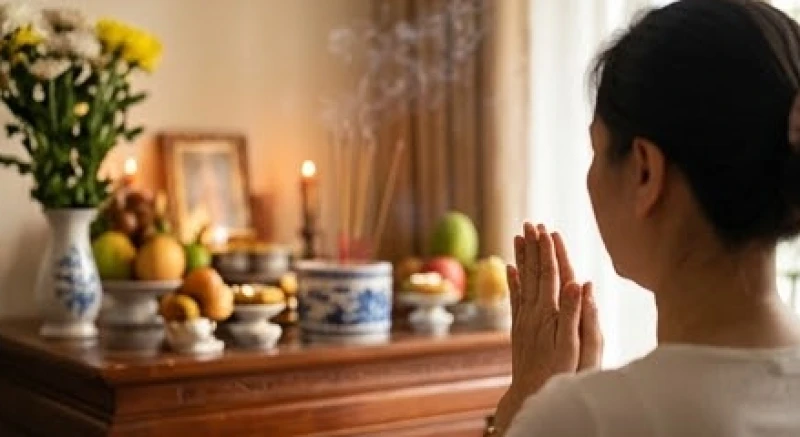 Gia chủ thành tâm chắp tay đọc bài văn khấn trước bàn thờ gia tiên nghi ngút khói hương trầm