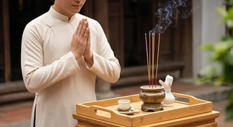 Người đàn ông mặc trang phục chỉnh tề chắp tay thành kính khấn vái trước bàn thờ ngoài sân