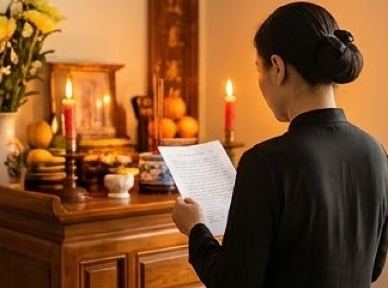 Văn khấn giỗ đầu chồng: Cách sắm lễ và mẫu bài cúng chuẩn 7 Không gian trang nghiêm khi người thân đọc bài văn khấn tại bàn thờ gia tiên
