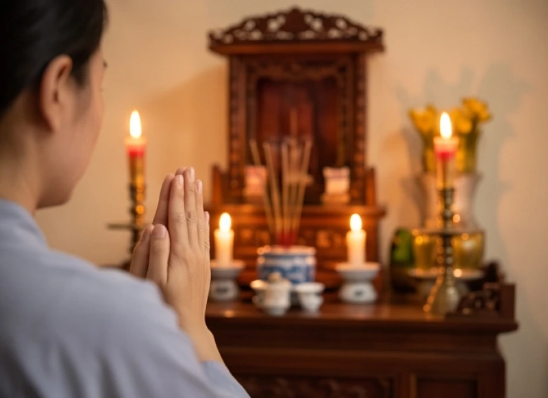 Văn khấn Bà Chúa Năm Phương: Bài cúng chuẩn và cách sắm lễ 7 Gia chủ chắp tay thành tâm cầu nguyện trước ban thờ gia tiên với đèn nến sáng ấm áp