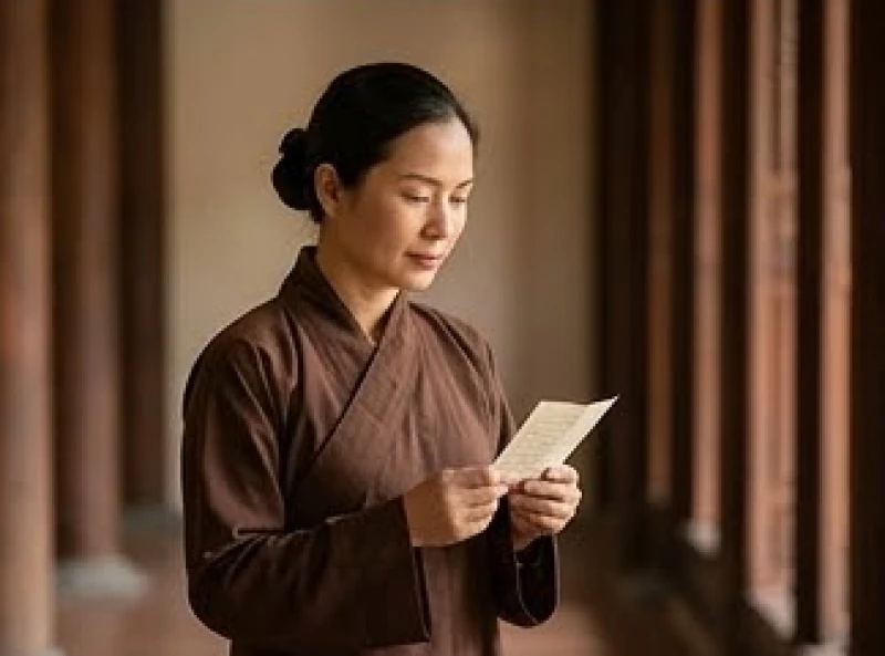 Đệ tử cúi đầu đọc nhẩm bài văn khấn cầu an được ghi cẩn thận trên một mảnh giấy nhỏ