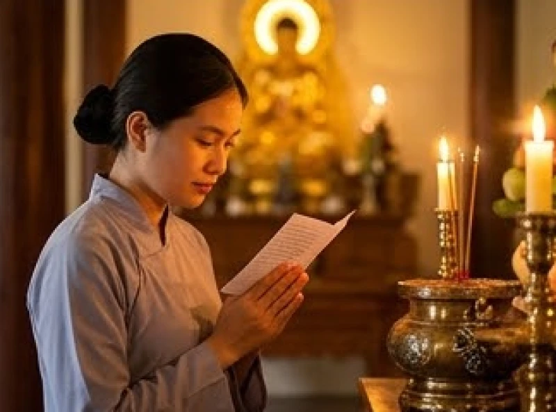 Văn khấn Địa Tạng tại chùa: Hướng dẫn sắm lễ và bài cúng chuẩn 8 Phật tử chắp tay thành kính đọc văn khấn Địa Tạng tại chùa với âm lượng nhỏ gọn trang nghiêm