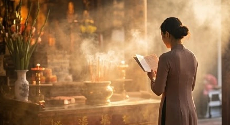 Văn khấn Đền Mẫu Hưng Yên: Bài cúng chuẩn và trình tự 3 ban 2 Người đi lễ mặc trang phục truyền thống thành tâm chắp tay đọc bài văn khấn Đền Mẫu Hưng Yên