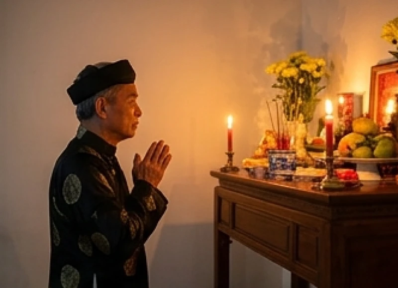 Văn khấn mời gia tiên về ăn Tết: Bài cúng ngoài mộ và tại gia 7 Người chủ gia đình chắp tay thành kính đọc bài văn khấn mời gia tiên về ăn Tết trước bàn thờ sáng đèn