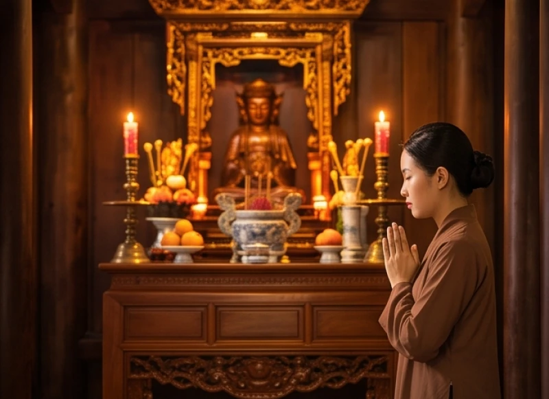 Văn khấn tại miếu: Hướng dẫn sắm lễ, bài trí và bài khấn chuẩn 9 Người đi lễ đứng chắp tay trang nghiêm trước ban thờ và nhẩm đọc bài khấn qua điện thoại
