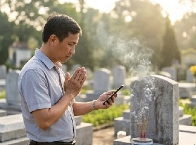 Văn khấn Thanh Minh tại nghĩa trang: Bài cúng Thần linh và Gia tiên 8 Người đàn ông đứng trước lăng mộ chắp tay thành kính và nhẩm đọc bài văn khấn qua điện thoại