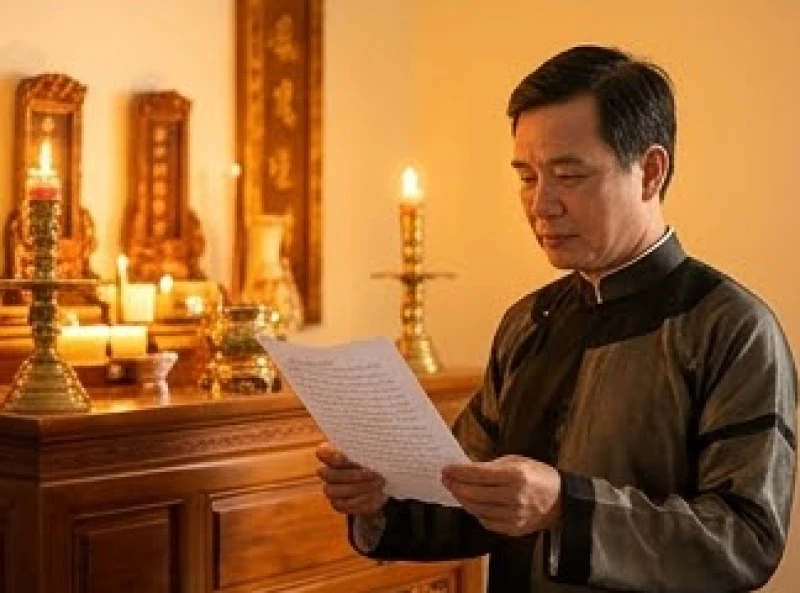 Văn khấn đổi họ cho con nuôi: Bài cúng gia tiên và mâm lễ chuẩn 7 Trưởng gia đình mặc áo dài truyền thống cẩn thận đọc bài văn khấn yết cáo trước bàn thờ sáng đèn