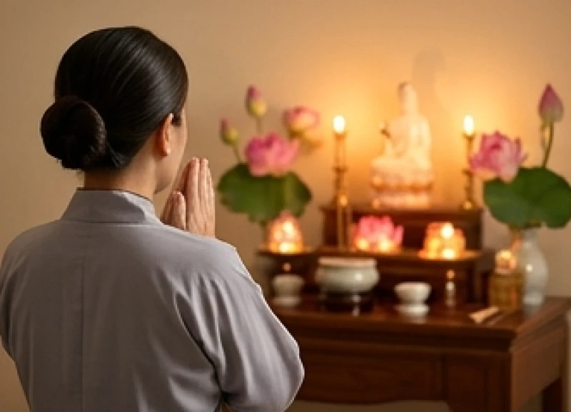 Văn khấn ngày vía Quan Âm: Bài cúng chuẩn 3 dịp vía và giờ tốt 9 Người phụ nữ chắp tay thành kính tĩnh tâm đọc văn khấn trước bàn thờ