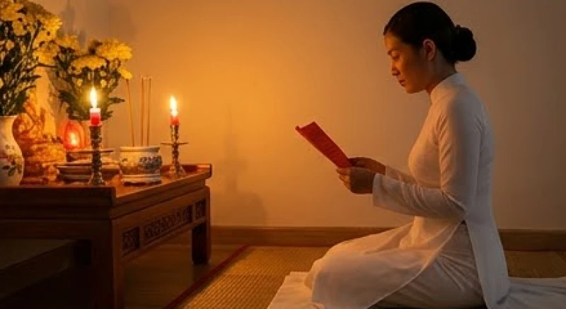 Người thực hành tín ngưỡng mặc áo dài trắng quỳ gối đọc văn khấn cúng Hội Yến Diêu Trì Cung