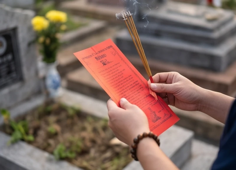 Văn khấn tảo mộ cuối năm: Chọn ngày giờ đẹp và bài cúng chuẩn 6 Người đại diện gia đình kính cẩn cầm tờ sớ màu đỏ đọc lời nguyện cầu trước mâm lễ vật đặt trên mộ phần