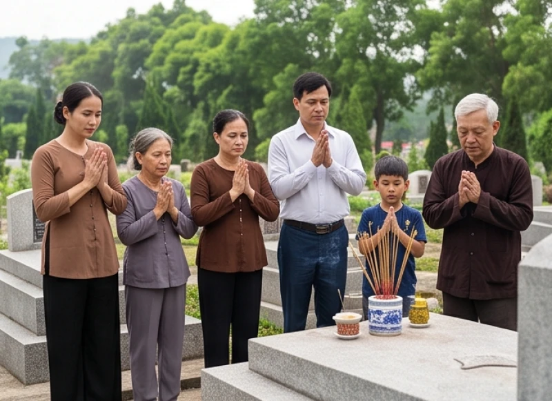 Văn khấn tảo mộ tiết Thanh Minh: 3 bài cúng chuẩn và giờ đẹp 6 Gia đình đứng chắp tay thành kính trước bia mộ tổ tiên khi người lớn tuổi đang trang nghiêm đọc bài văn khấn
