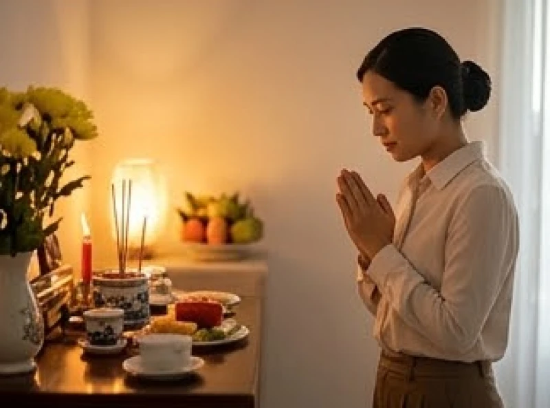 Gia chủ chắp tay đứng trước ban thờ đọc văn khấn rước ông Táo về nhà