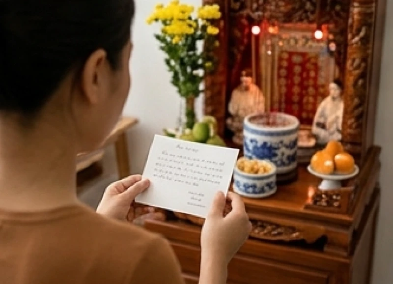 Người kinh doanh đang chắp tay đọc bài văn khấn ông Táo tại cửa hàng với nội dung báo cáo doanh thu.