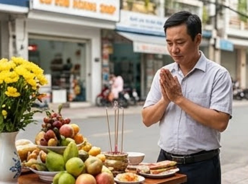 Văn khấn tất niên tại cửa hàng: Bài cúng chuẩn chiêu tài lộc 9 Chủ tiệm chắp tay cung kính đọc bài văn khấn tất niên ghi rõ tên thương hiệu và địa chỉ mặt bằng buôn bán