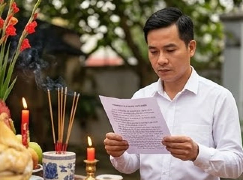 Chủ nhà đang cầm bản in bài văn khấn tất niên ngoài trời và đọc một cách trang nghiêm trước mâm cúng